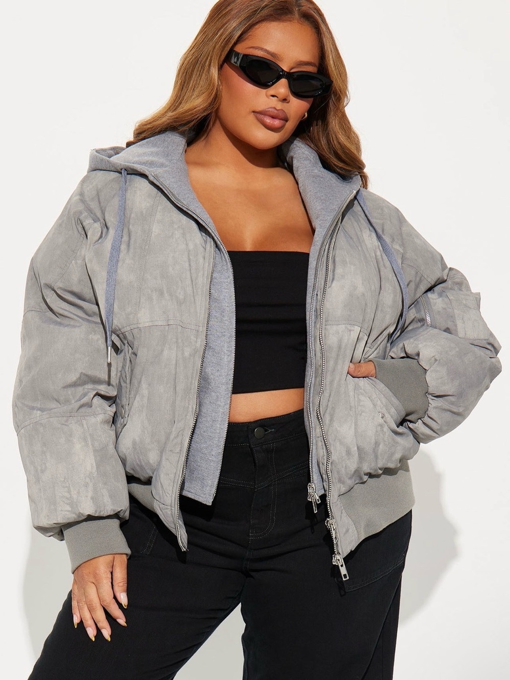 Fashion Nova Gray Hooded Puffer Bomber Jacket